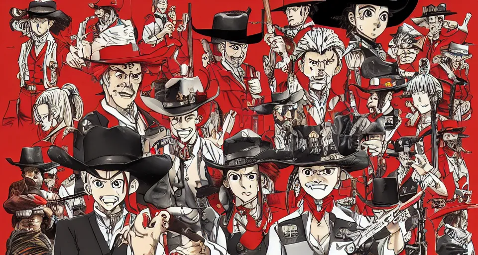 Image similar to detailed ultra sharp, red female sheriff, global lighting, theme saloon from a western, western saloon, booze, revolver, cigars, sheriff sitting in a saloon, all in the style of yoshihiro togashi.