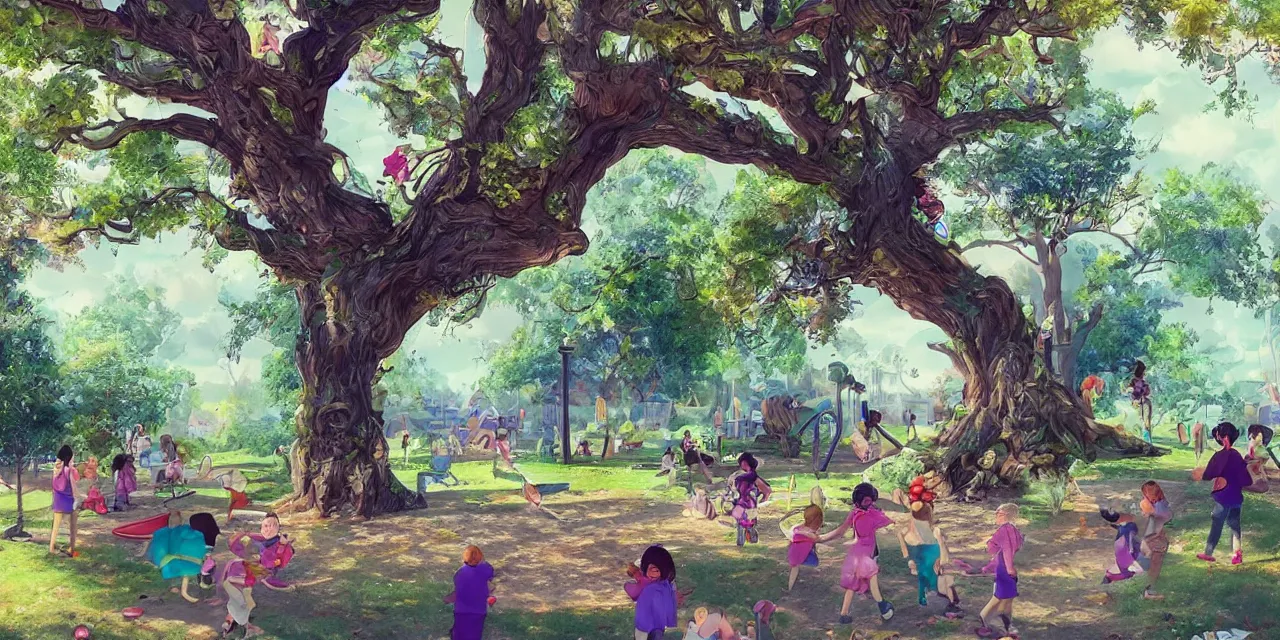 Image similar to 8 k ， an illustration of a children's playground under a big tree ， spring atmosphere ， by ashno alice and raja nanadepu ， trend on artgerm ， featured on artstation