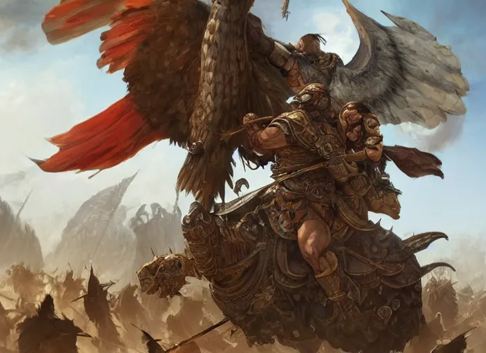 Image similar to The large birds of war, barbarian muscular men with powerful arms riding saddled to the back of the large griffin bird, swords held high, medieval war rages below, highly detailed, digital painting, artstation, concept art, smooth, sharp focus, illustration, art by artgerm and greg rutkowski and alphonse mucha