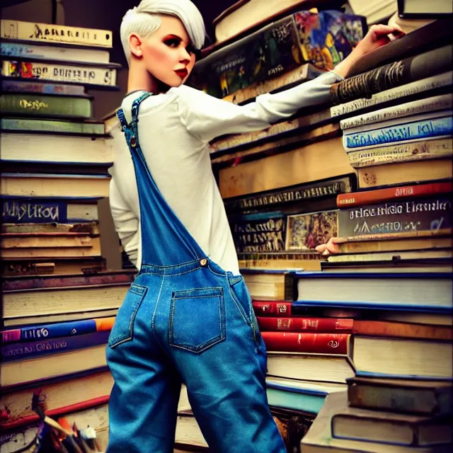 Image similar to full body pose, beautiful adult book fairy, pixar, short white hair shaved sides, dirty, grungy, grunge, long sleeve, painted overalls, stacks of giant books, highly detailed, 4 k, hdr, smooth, sharp focus, high resolution, award - winning photo, artgerm, photorealistic