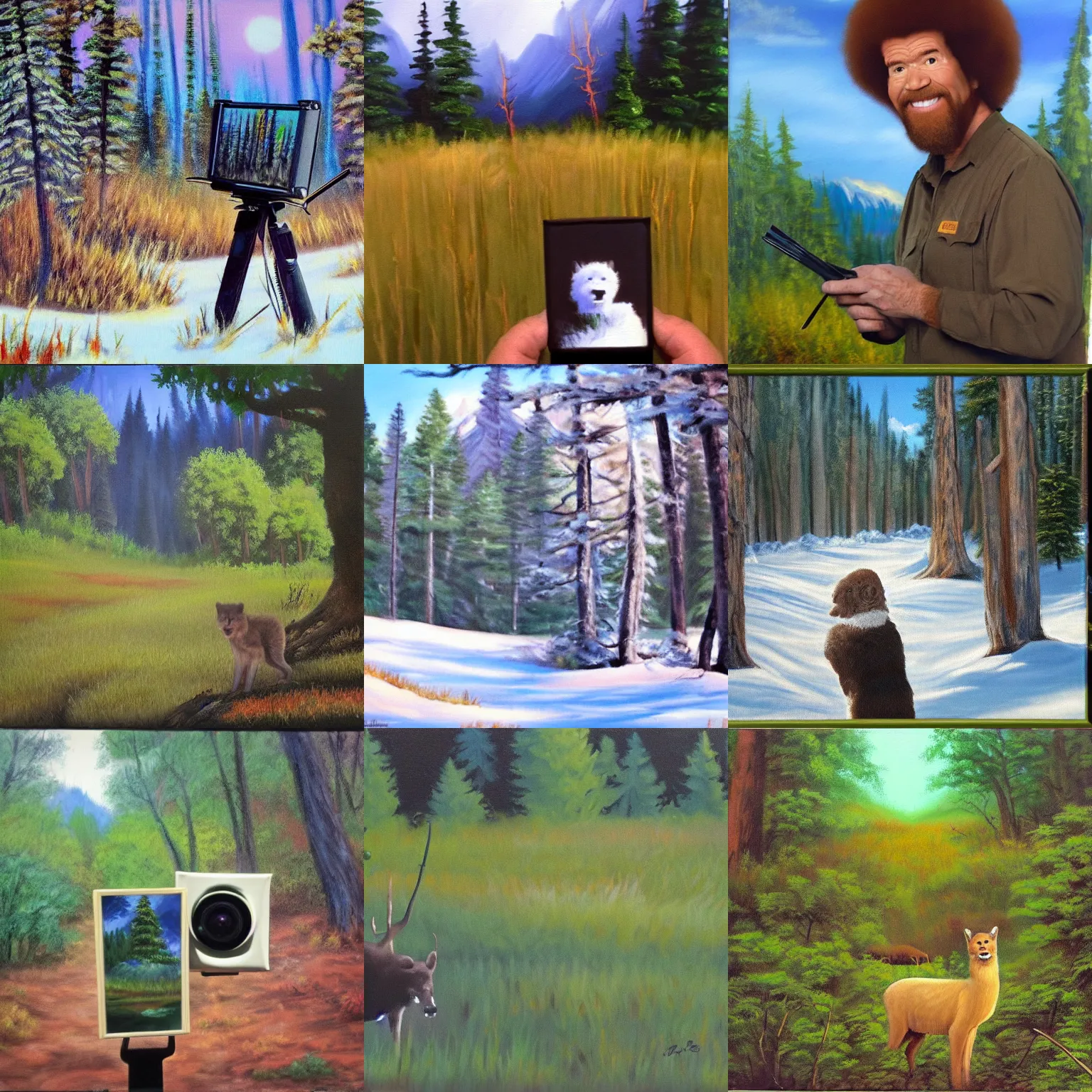 Prompt: bob ross painting on a canvas, trailcam