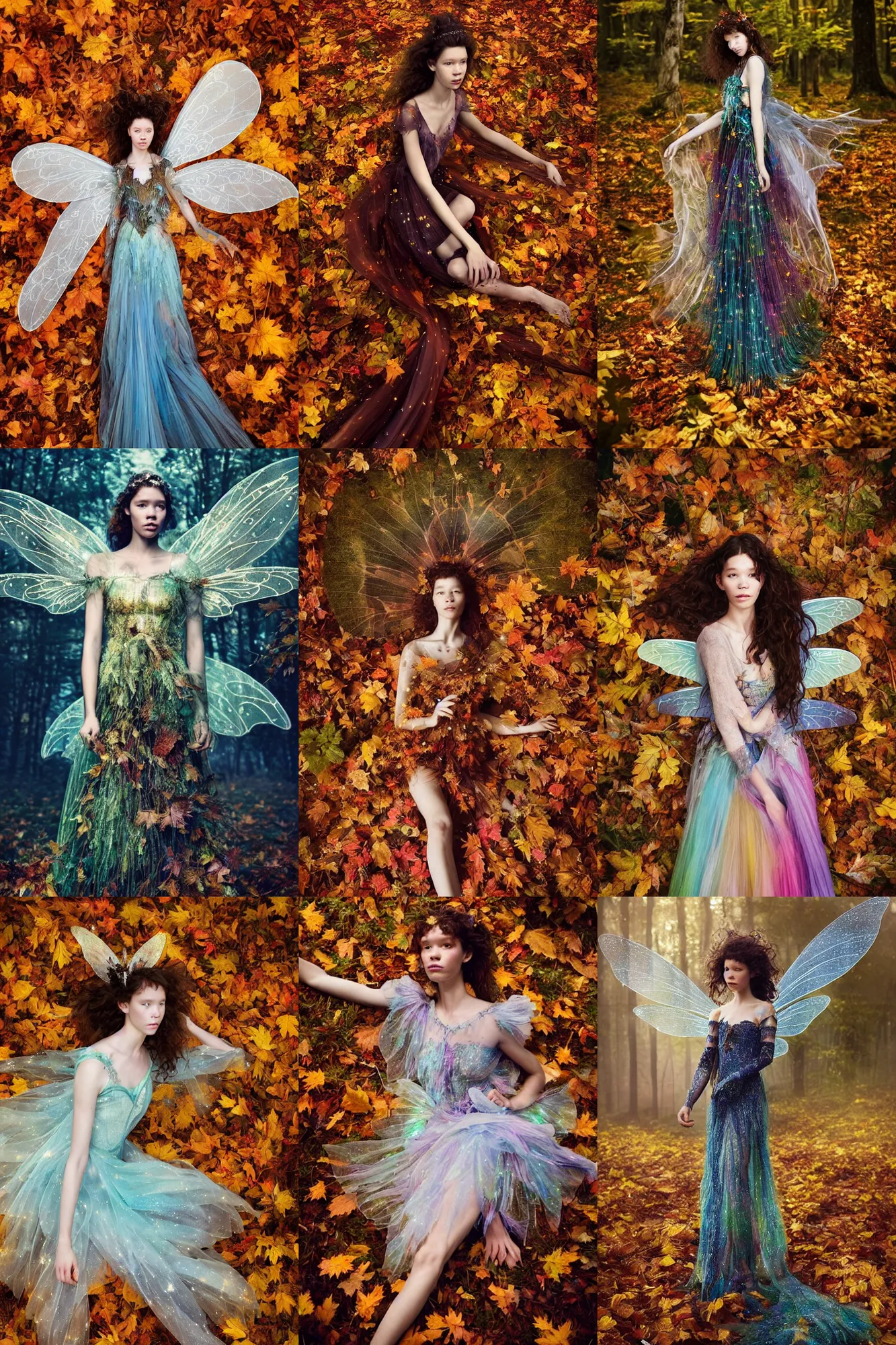 Prompt: masterwork full body photograph of astrid berges frisbey as a fairy. highly detailed sharp focus face. wearing a dress made out of stars. resting on a background of autumn leaves. fluid, dreamy, ethereal, vivid colours. wow! cinematic lighting. trending on artstation. cgsociety. by moebius. 4 0 megapixels.