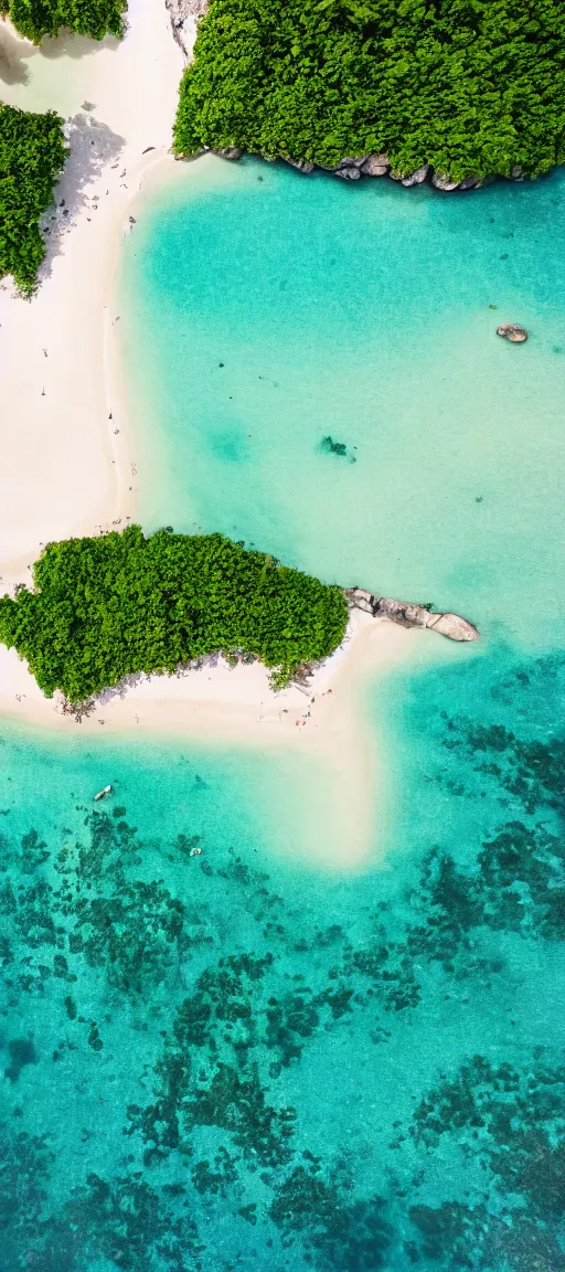 Prompt: beautiful koh samui, koh krabi, crystal clear blue water, white sandy beach, volcanic island, drone view, 4 k wallpaper