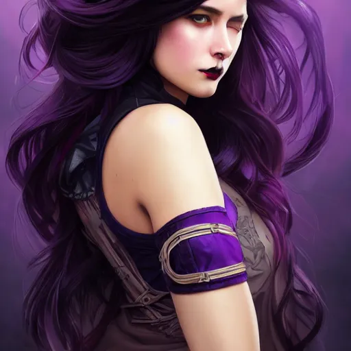 Image similar to american evil girl black - purple long hair, tane skin, purple eyes, dark purple lips, intricate, elegant, highly detailed, my rendition, digital painting, artstation, concept art, smooth, sharp focus, illustration, art by artgerm and greg rutkowski and alphonse mucha and uang guangjian and gil elvgren and sachin teng, symmetry!!