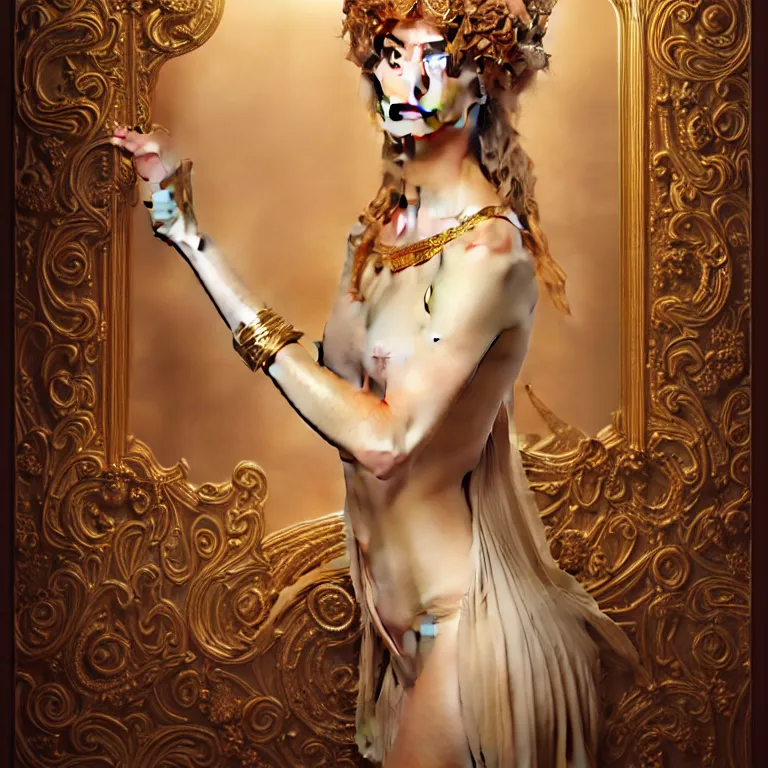 Image similar to renaissance style a wonderful female goddess with a wonderful face and realistic arms and hands and realistic 5 fingers and realistic body with long intricate hair with a beautiful porcelain symmetrical body dressed with a majestic warp ornate cream long cotton dress, hightly ornate, intricate, detailed, dramatic light, cinematic, award winning, octane render, tom bagshaw style