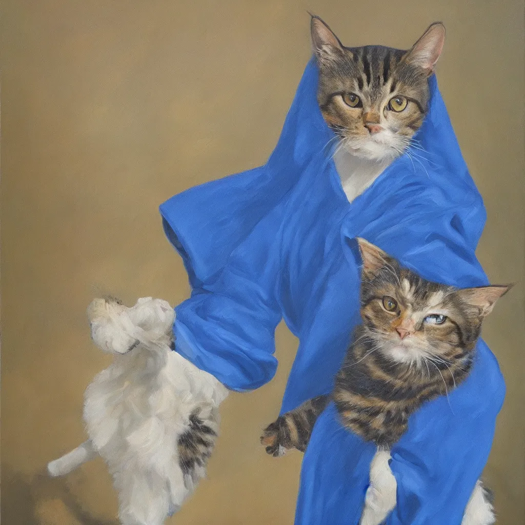 Image similar to oil painting portrait of a cat wizard wearing blue robes