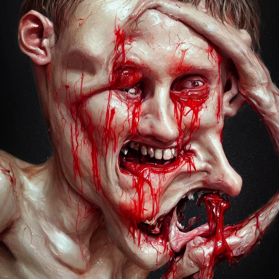 Image similar to bright realistic anorexic man puking blood and smiling franticly, apartment, rotten flesh, diffuse lighting, fantasy, intricate, elegant, highly detailed, lifelike, photorealistic, digital painting, artstation, illustration, concept art, smooth, sharp focus, art by francis bacon and jenny saville