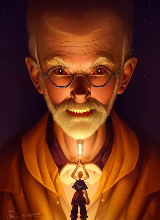 Image similar to symmetry portrait of geppetto from pinocchio, glowing lights, intricate, elegant, highly detailed, digital painting, artstation, concept art, smooth, sharp focus, illustration, art by artgerm and greg rutkowski and alphonse mucha