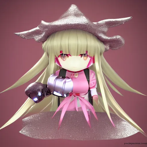 Image similar to cute fumo plush of a metallic reflective girl, global illumination reflectance probe, ssao, chibi anime, magical girl, witch, vray