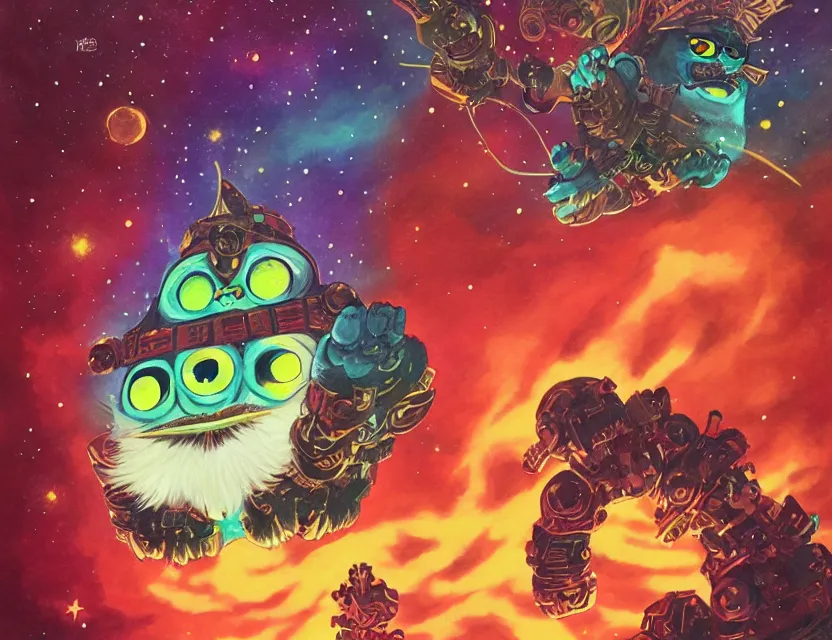 Prompt: the elder furby ruling over the galaxy. this gouache painting by the award - winning mangaka has dramatic lighting, an interesting color scheme and intricate details.