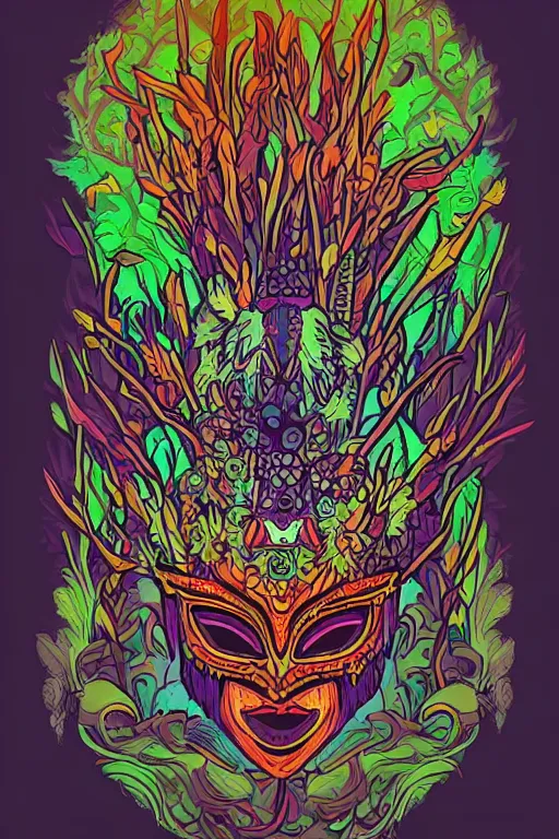 Image similar to animal mask totem roots flower tribal feather gemstone plant wood rock shaman vodoo video game vector cutout illustration vivid multicolor borderlands comics by josan gonzales and dan mumford radiating a glowing aura