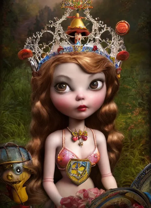 Image similar to highly detailed closeup, profile portrait of a tin toy fairytale princess wearing a crown, bikini, unreal engine, nicoletta ceccoli, mark ryden, earl norem, lostfish, global illumination, detailed and intricate environment