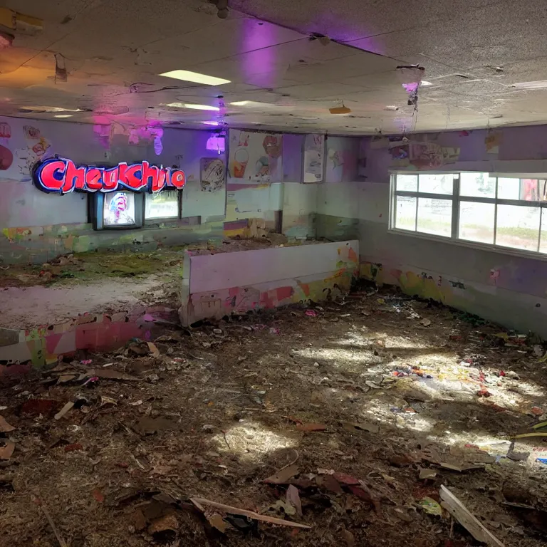 Image similar to photograph of abandoned Chuck E Cheese, atmospheric lighting