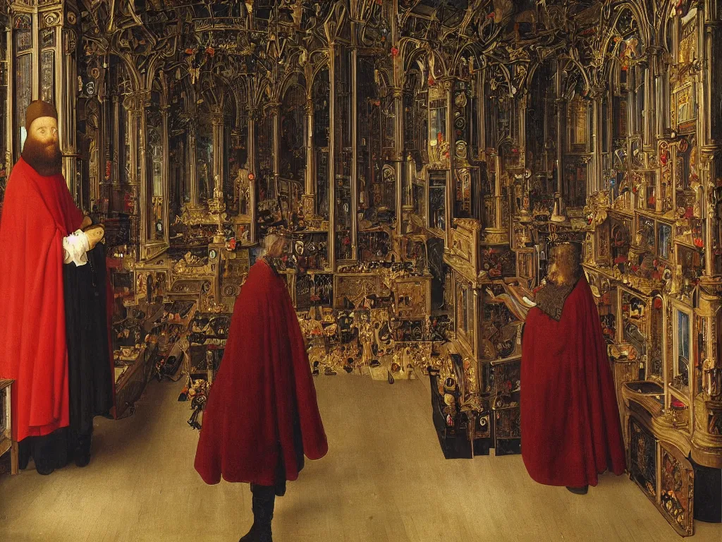 Image similar to portrait of an alchemist at a funeral with infinity mirror in the ice palace. painting by jan van eyck
