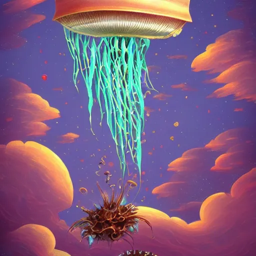 Prompt: Flying machine with jellyfish in the sky flying over desert and ocean, inspired by Cyril Rolando, David Wiesner, ornate, intricate, emitting light ornaments, trending on artstation, volumetric lighting, CGsociety, alizarin red, brick red, burgundy color, dull red, gray color, olive color, red and green, scarlet, shades of green, shades of red, swamp green, terracotta red