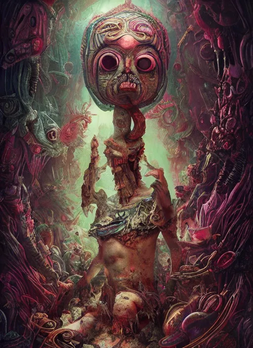 Image similar to alice in wonderland, aztec god, alien, highly detailed, cinematic, 8 k, by megan duncanson, benjamin lacombe, adrian borda, stanley artgermm, tom bagshaw, craig mullins, carne griffiths, ayami kojima, beksinski, giger, trending on deviantart, hyper detailed, horror, full of colour