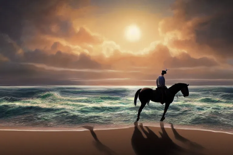 Image similar to photo of man riding a horse along the beach, glowing underwater waves toward a lighthouse in the distance guiding his way, silhouette, wide horizon, large white clouds, night, intricate, elegant, highly detailed, digital painting, artstation, concept art, smooth, sharp focus, illustration, art by artgerm and greg rutkowski and fra angelico