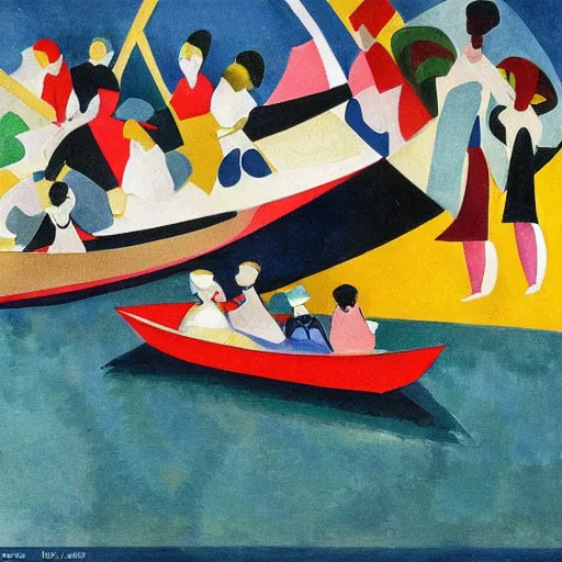 Prompt: The collage depicts a group of well-dressed women and children enjoying a leisurely boat ride on a calm day. The women are chatting and laughing while the children play with a toy boat in the foreground. by Sonia Delaunay, by Paul Cézanne dull