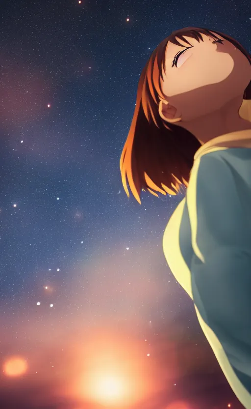 Image similar to Centred shot of anime girl looking up at the stars, bokeh background, ultra detailed, 8K