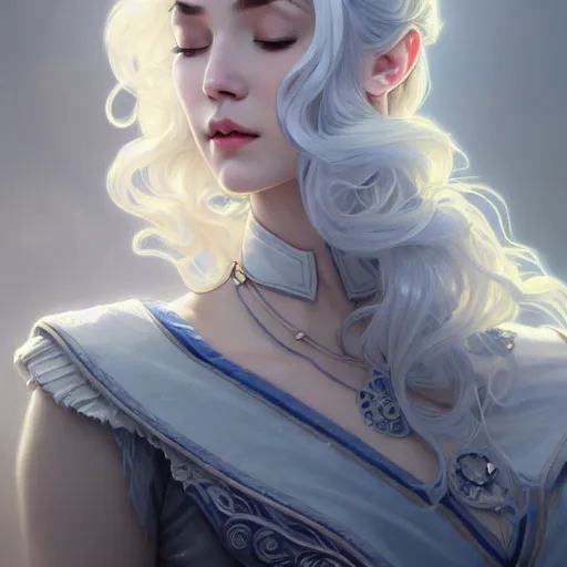 Image similar to closed eyes, aristocrat, white grey blue color palette, female, d & d, fantasy, intricate, elegant, highly detailed, long silver hair, digital painting, artstation, octane render, concept art, matte, sharp focus, illustration, hearthstone, art by artgerm, alphonse mucha johannes voss