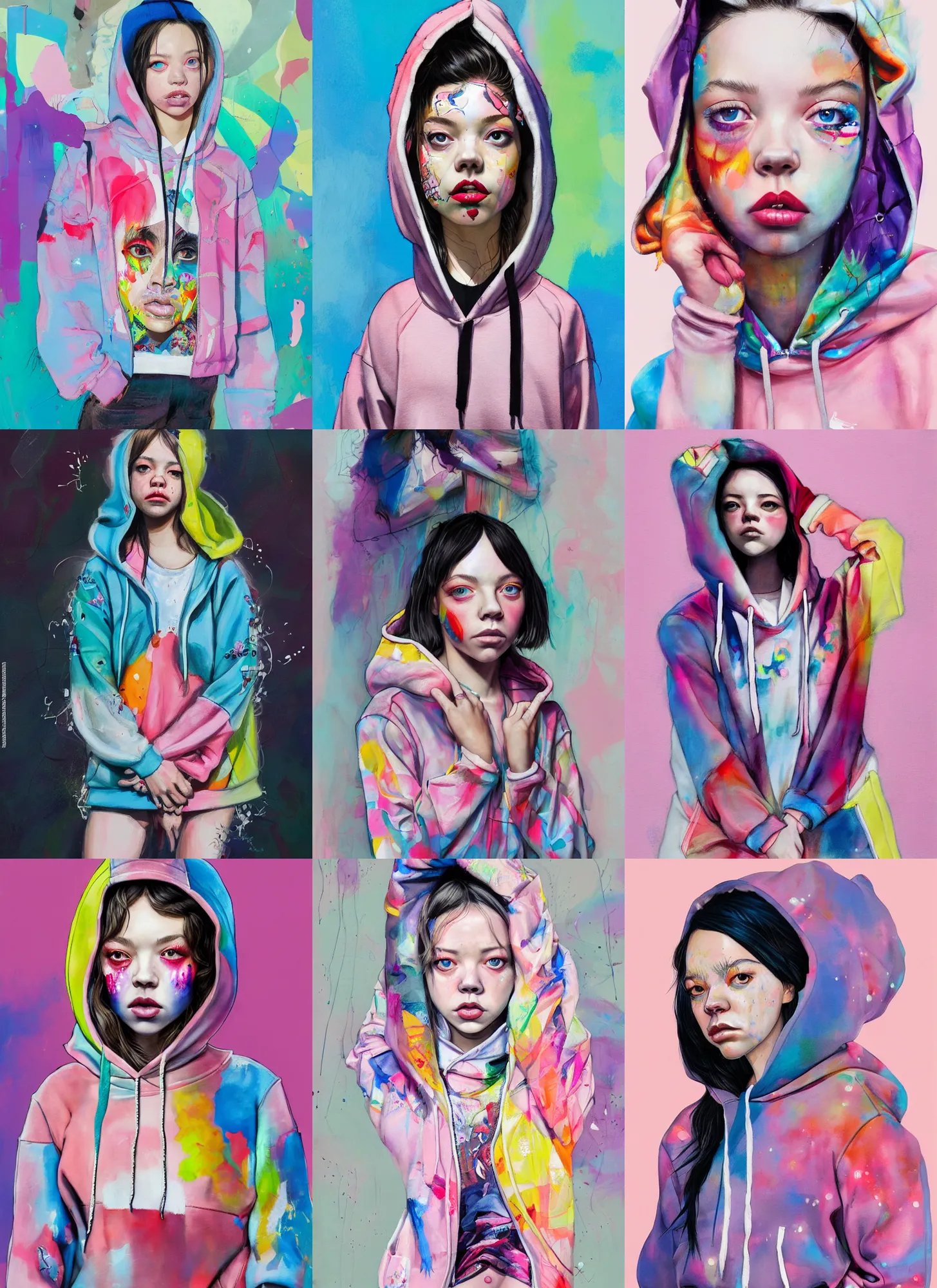 Prompt: sydney sweeney in the style of martine johanna and david choe, wearing a hoodie, standing in a township street, street fashion outfit,!! haute couture!!, full figure painting by martine johanna, artgerm, ismail inceoglu, pastel color palette, sharp focus, detailed, intricate, elegant, 2 4 mm lens