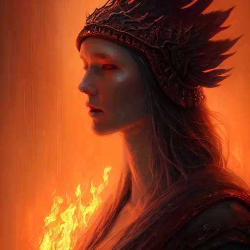 Image similar to Priestess, female, fantasy, flames, frost, dramatic, intricate, elegant, highly detailed, digital painting, artstation, concept art, smooth, sharp focus, illustration, octane render, art by Leesha Hannigan, Ross Tran, Thierry Doizon, Kai Carpenter, Ignacio Fernández Ríos