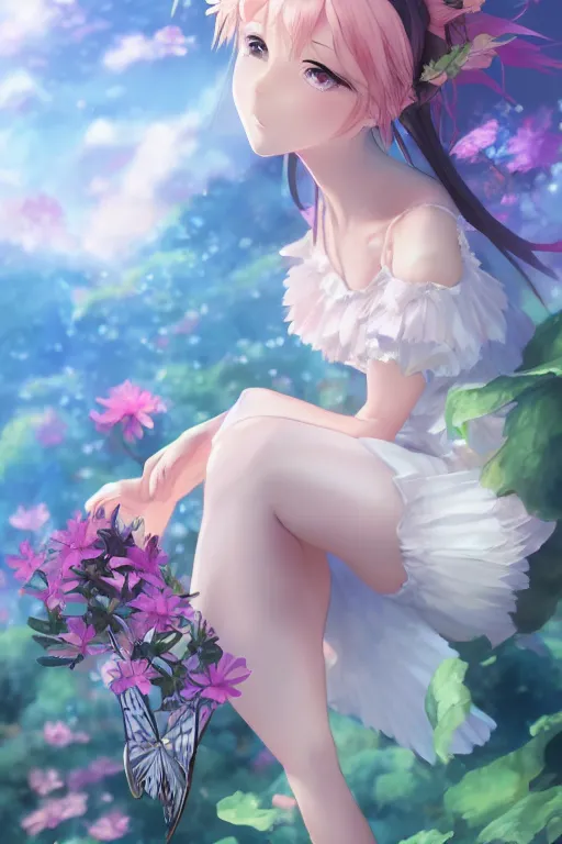 Prompt: a beautiful fairy girl sitting on a flower, character art portrait, anime key visual, official media, illustrated by wlop, extremely detailed, 8 k, trending on artstation, cinematic lighting, beautiful,