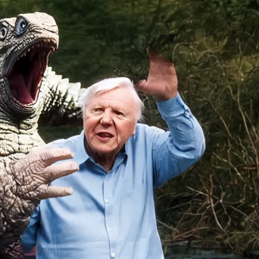 Image similar to Sir David Attenborough sees Godzilla