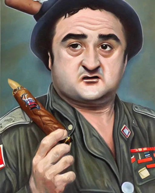 Prompt: oil painting, highly detailed, of john belushi as ww 2 era crazed national guard pilot wild bill kelso with his cigar, from the movie 1 9 4 1