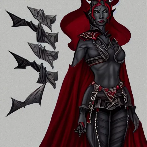 Image similar to Dungeons and Dragons character art of a female tiefling, red skin, black cloak, holding daggers