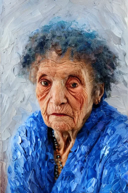 Image similar to palette knife oil painting portrait of rosina leckermaul, an elderly woman who is in a deep state of depression, extreme detail, artstation trending, grandma, blue, artgerm, any racial background, deviant art, octane, substance, art history 8 k