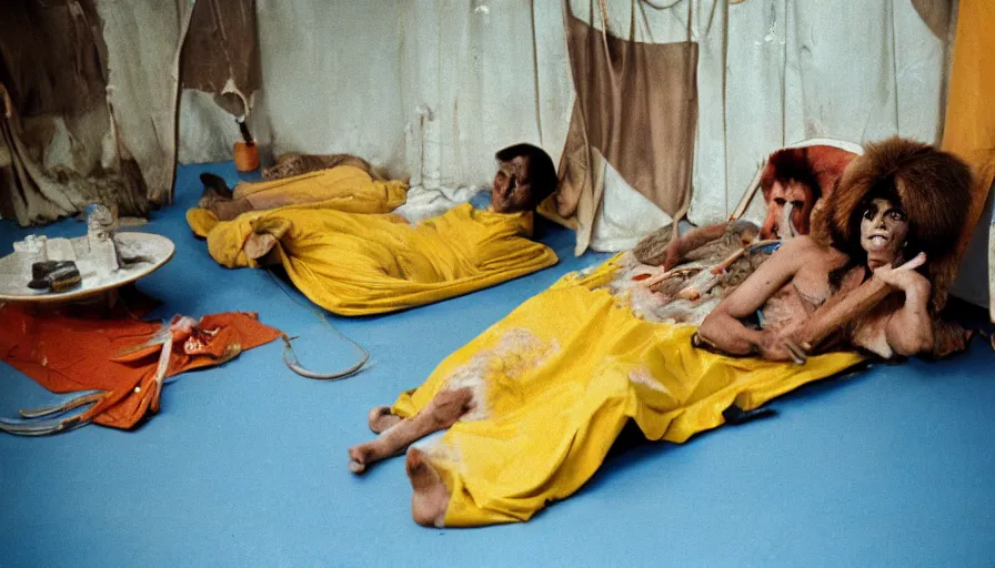 Image similar to 60s movie still of a tribe with taxidermic bloody mask in an empty yellow tiles ballroom with light blue beds, cinestill 800t 35mm technicolor, heavy grain, high quality, higly detailed, liminal space style