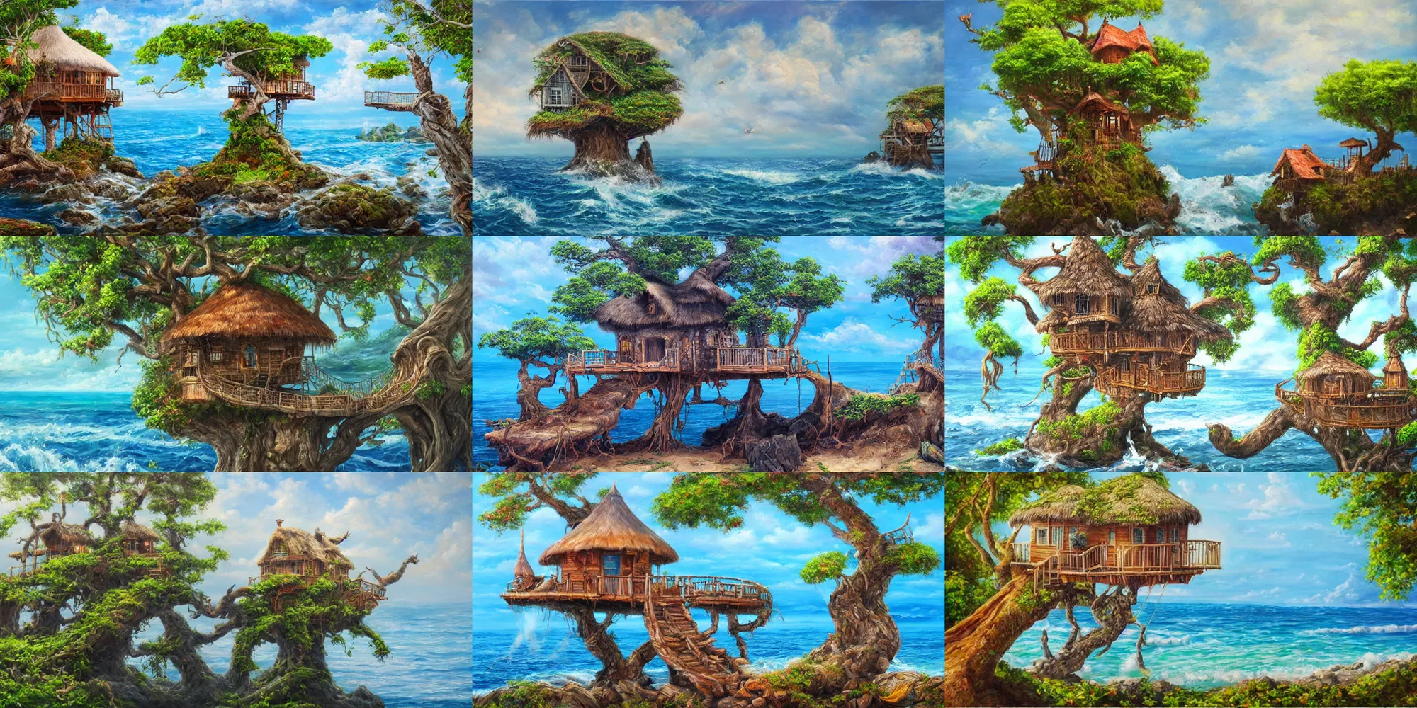 Prompt: highly realistic and detailed oil painting style of a magical island treehouse on the ocean