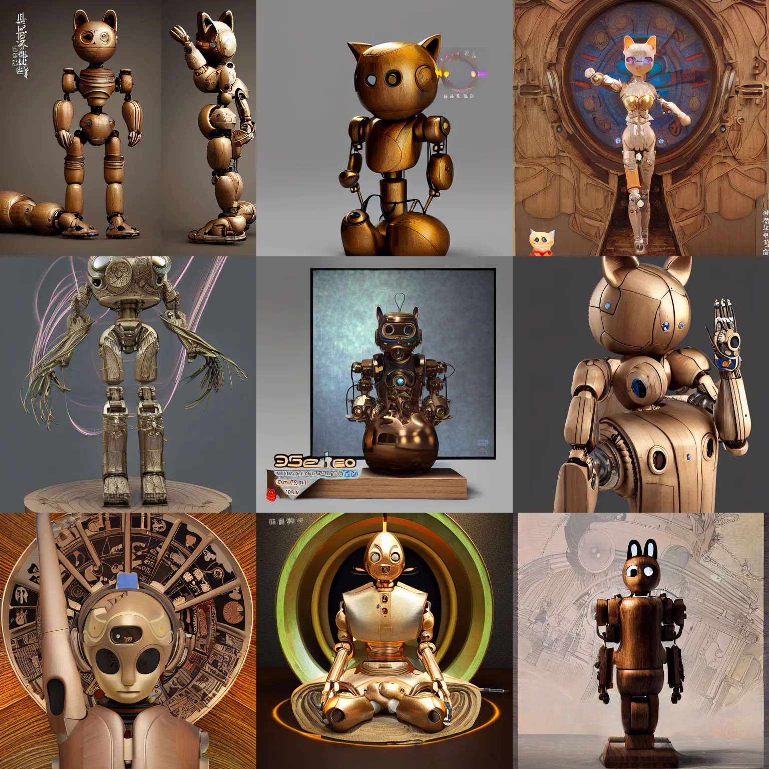 Prompt: 3D 8k octan render photorealistic detailed unreal engine a wooden sculpture art toys wooden on feet very cute robot with cat ears zen méditation cyberpunk concept art a contemporary art gallery art by Alphonse Mucha 4