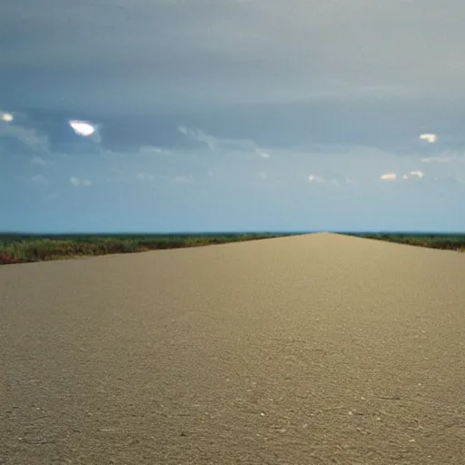 Prompt: realistic photo of flat triangle mirrors lying flat on the ground stretching to the horizon