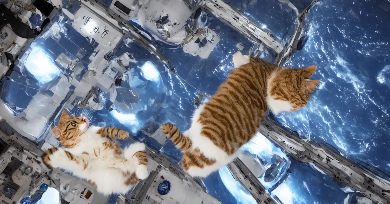 Image similar to Photo of a cat floating inside the International Space Station in zero gravity, highly-detailed 4K award-winning cinematic