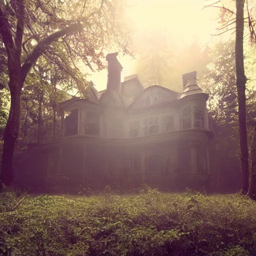 Prompt: abandoned victorian mansion, cobwebs, haunted, nestled into a clearing in a forest, light shining through the foliage