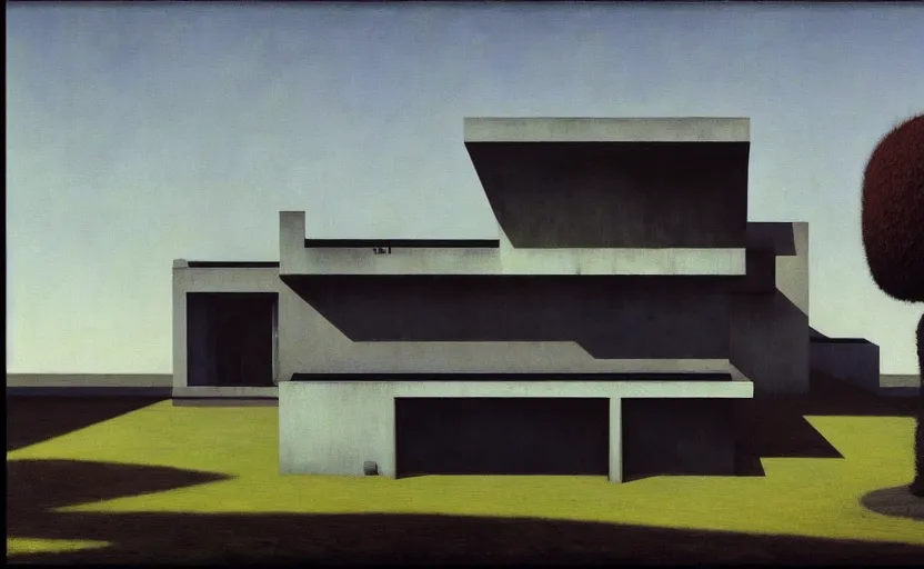 Prompt: An Exterior wide angle shot of a Brutalist architecture house, Edward Hopper and James Gilleard, Zdzislaw Beksinski, Mark Ryden, Wolfgang Lettl highly detailed, hints of Yayoi Kasuma