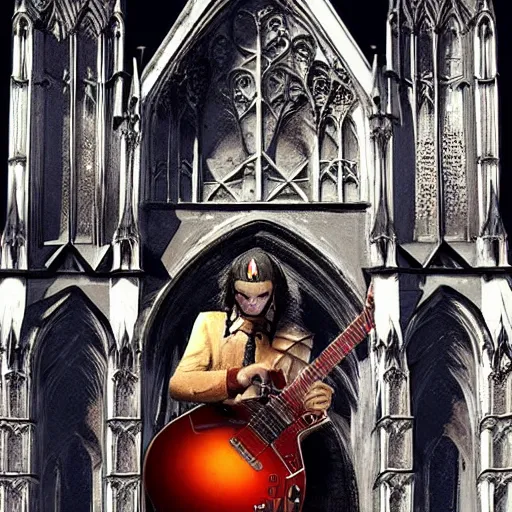 Image similar to Hyperrealistic Count Dracula playing a Gibson electric guitar in front of a gothic cathedral, by Antonio Caparo, Ferdinand Knab, Greg Rutkowski, Amano, and Karol Bak UHD, vivid colors, photorealistic trending on artstation