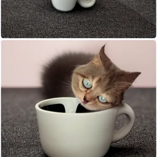 Image similar to very very very very very very very cute chibi adorable beautiful munchkin cat in a cup, professional foot photography