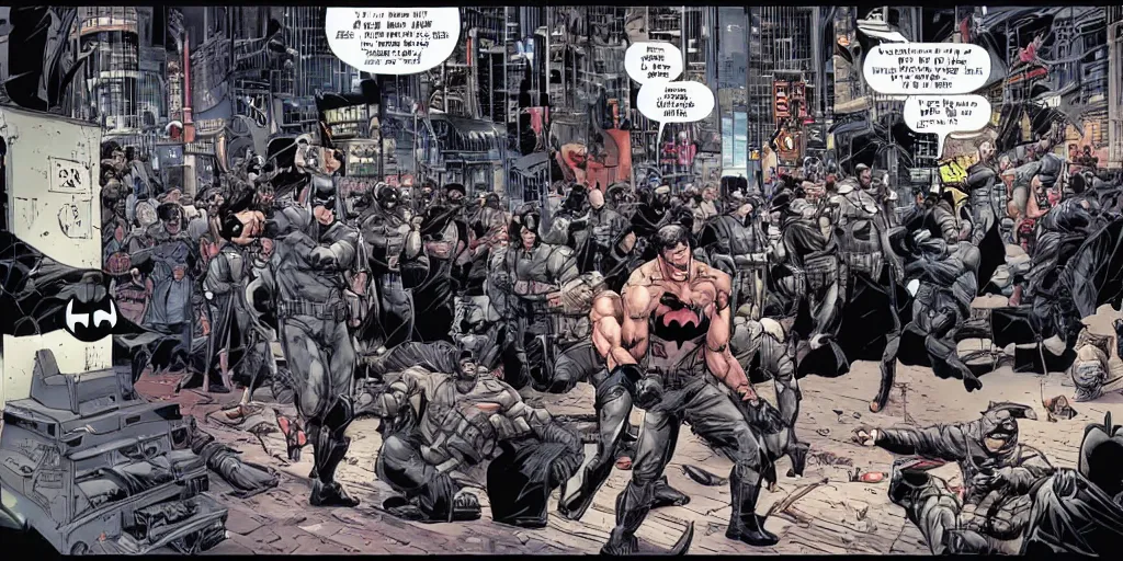 Image similar to Batman fighting mall-cops. Epic painting by James Gurney and Laurie Greasley.