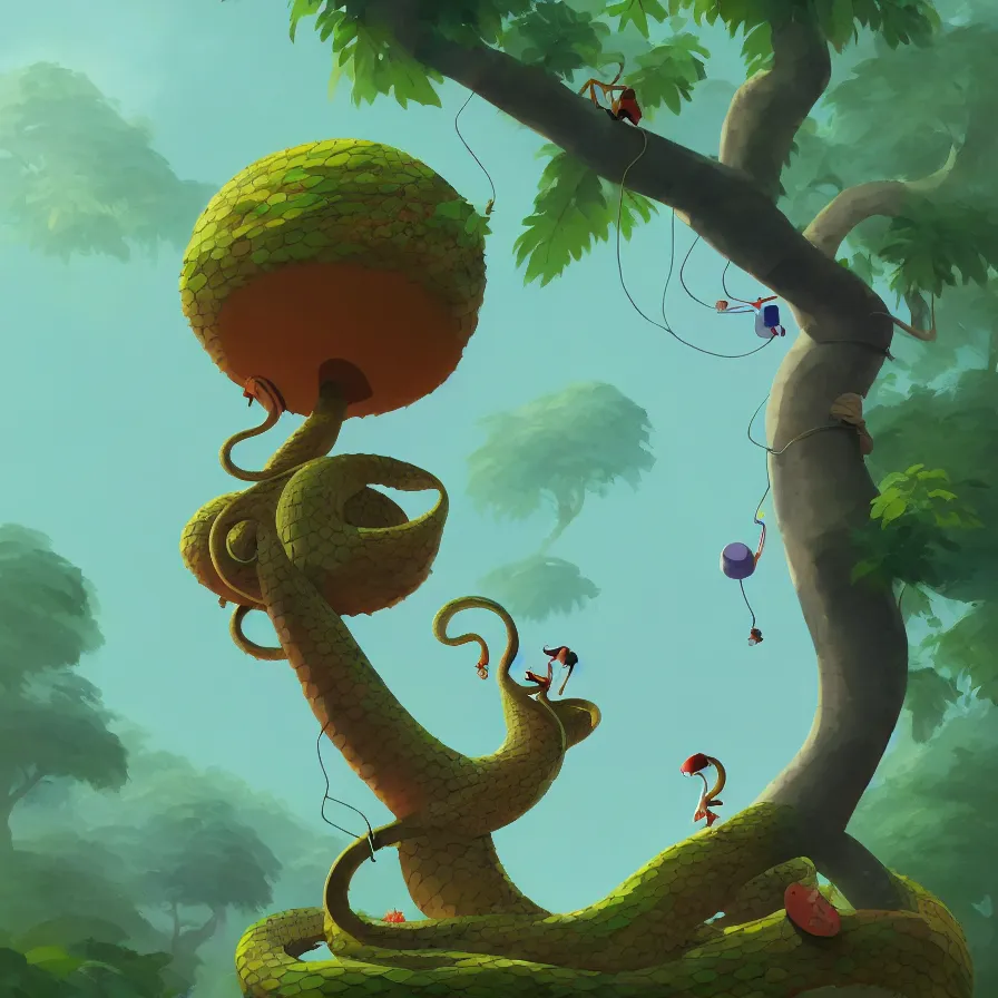 Image similar to Goro Fujita illustrating a snake with geometric figures climbing a large tree in a jungle, art by Goro Fujita, sharp focus, highly detailed, ArtStation