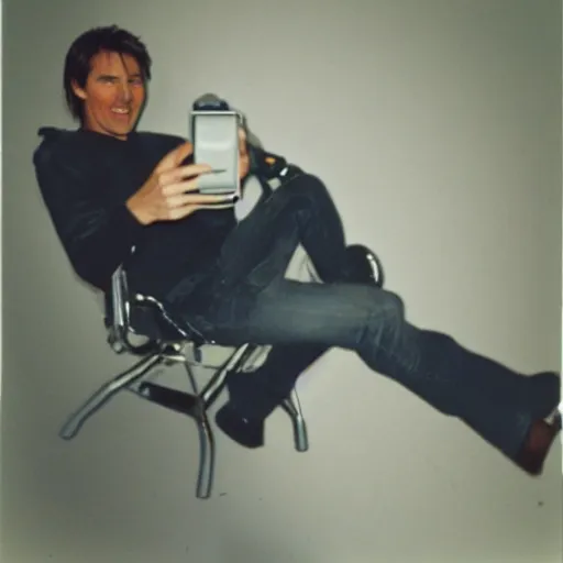 Image similar to Polaroid of Tom Cruise sitting in recliner with remote control 1983