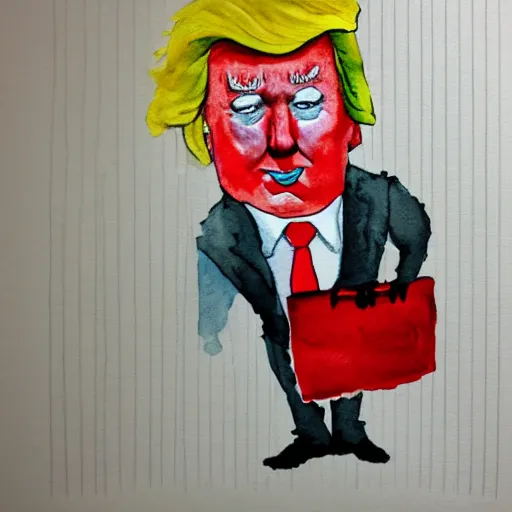 Image similar to donald trump as sad ronald mcdonald holding paper bag, watercolor, vignette