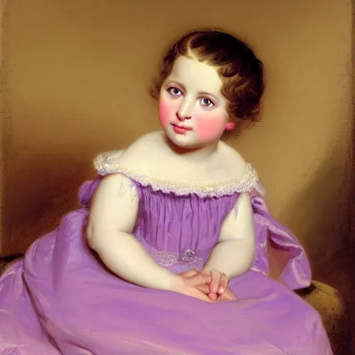 Image similar to portrait of a german toddler princess sitting down in a silk lavender gown, circa 1 8 3 7, by carl joseph begas, highly detailed, beautiful, oil on canvas, 1 8 3 0 s, romanticism