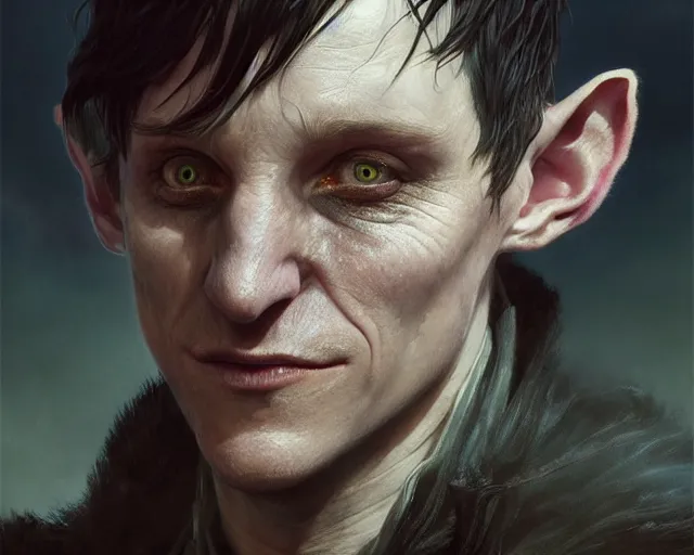 Image similar to highly detailed portrait of robin lord taylor as a fantasy goblin, in skyrim, stephen bliss, unreal engine, fantasy art by greg rutkowski, loish, rhads, ferdinand knab, makoto shinkai and lois van baarle, ilya kuvshinov, rossdraws, tom bagshaw, global illumination, radiant light, detailed and intricate environment