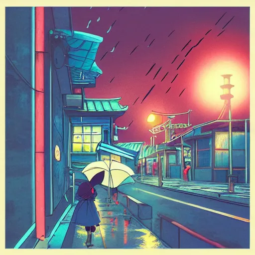 Image similar to pho, rainy day, anime, japan, ghibli, 9 0 s, retro style, aesthetic, chill, room