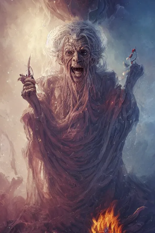 Prompt: the look of an elderly person necromancer witch - doctor covered with ice exploding into fire, full of wrinkles and imperfections, electricity highly detailed, high contrast, light reflection, trippy, nebula, trending on artstation by artgem, by peter mohrbacher, by wlop, by ruan jia