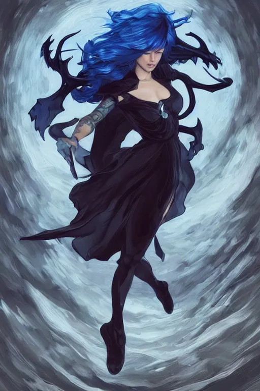 Image similar to fullbody!! dynamic action pose, beautiful woman with blue hair, big antlers on her head, long flowing black dress, dnd, face, fantasy, intricate, elegant, highly detailed, digital painting, artstation, concept art, smooth, sharp focus, illustration, art by artgerm and greg rutkowski and alphonse mucha