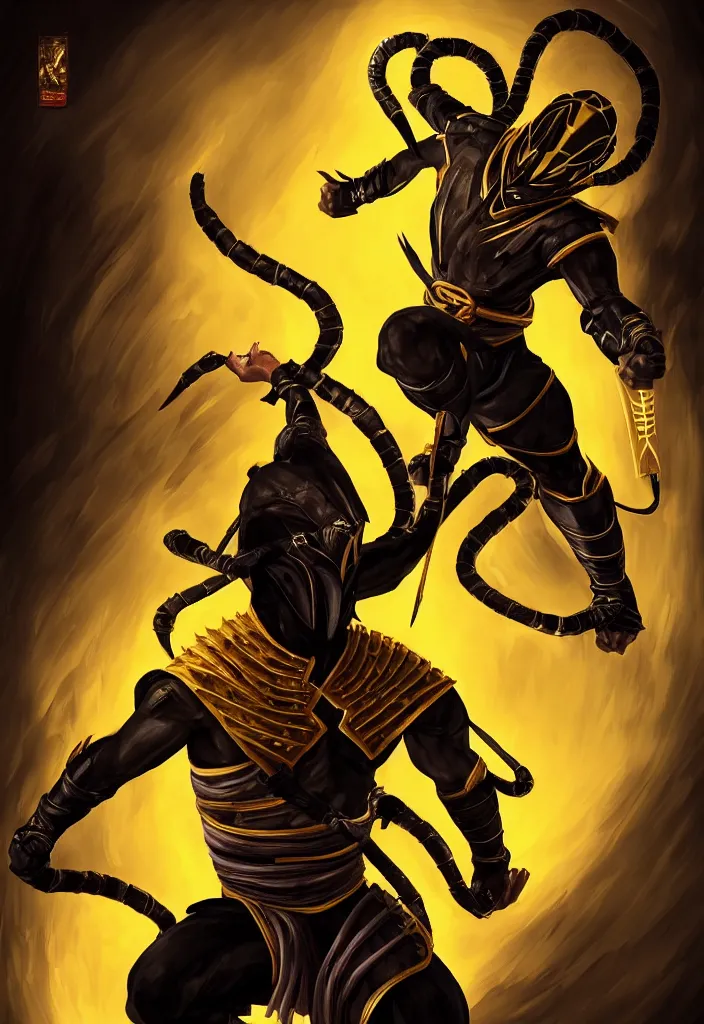 Image similar to full body, full figure portrait of hanzo hasashi scorpion from mortal kombat in the sky, full body shot, camera pulled back far, highly detailed dramatic lighting, artstation, atmospheric perspective, artgerm, mk ninja, epic yellow tight ninja suit, intense contrast, 3 light sources, by lee bermejo, alphonse mucha and greg rutkowski